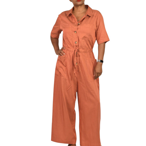 Marine Layer Pants - Marine Layer Joni Wide Leg Jumpsuit Orange Baked Clay Utility Crop Coveralls XL